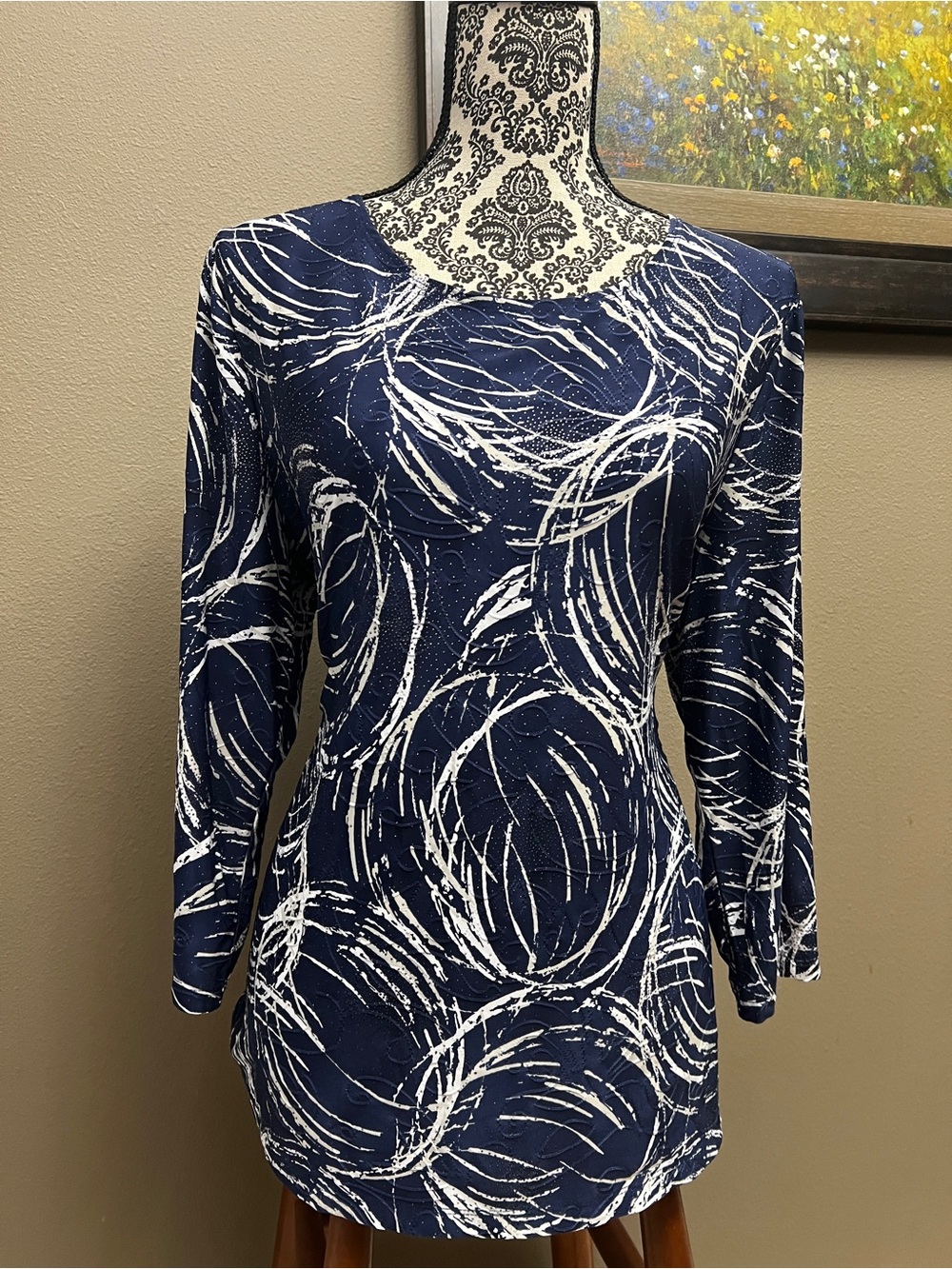 JM Collection Navy/White 3/4 sleeve Scoop Neck Printed Tunic